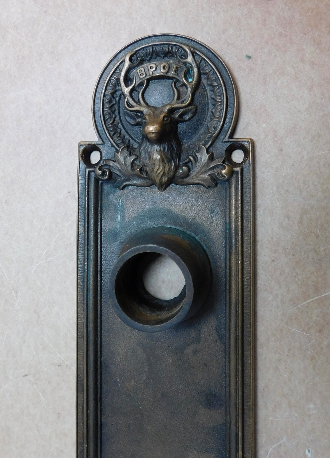 Antique BPOE Elk door back plate cast brass bronze emblematic escutcheon
