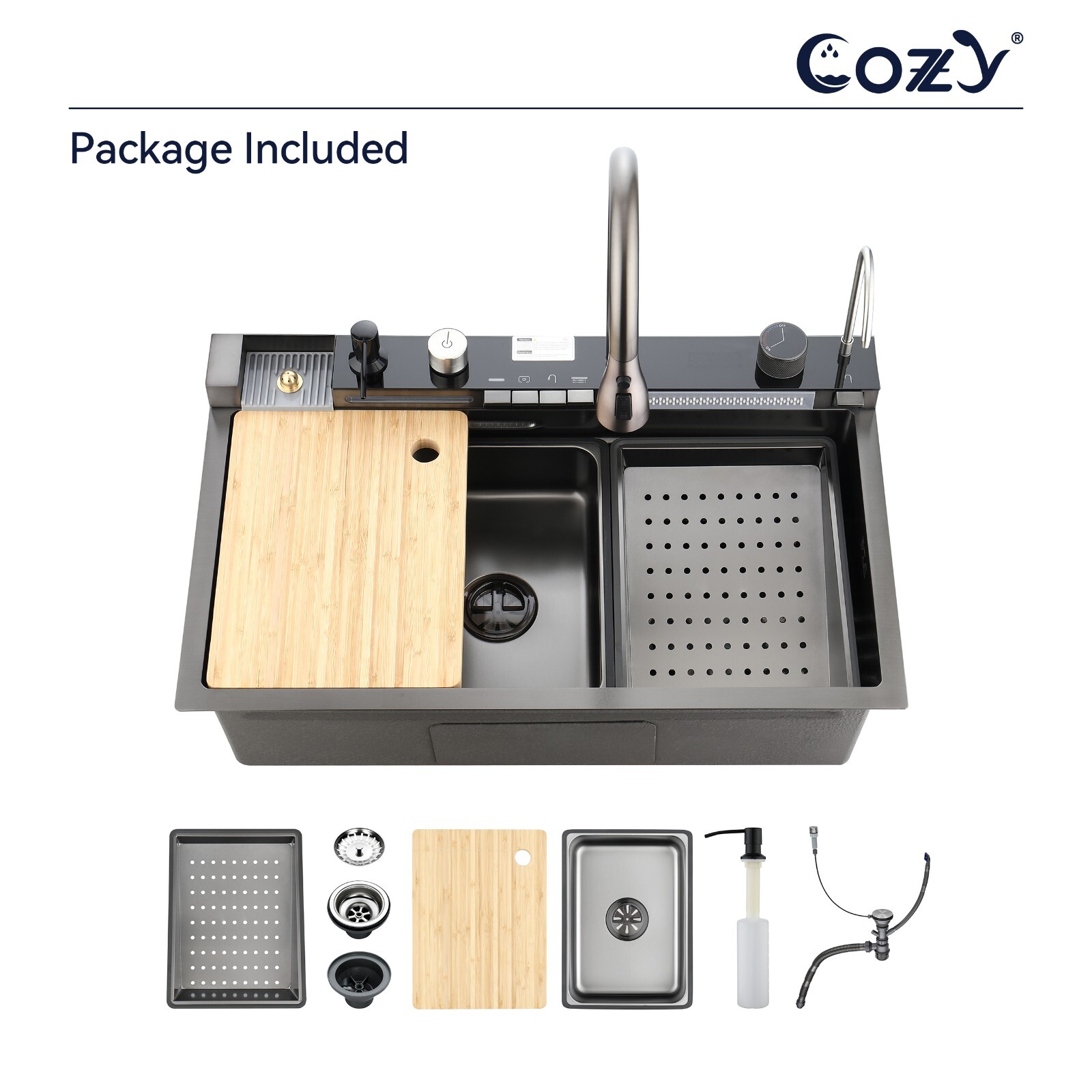 Multifunctional Workstation Overmount Kitchen Sink Faucet Combo & Cutting Board