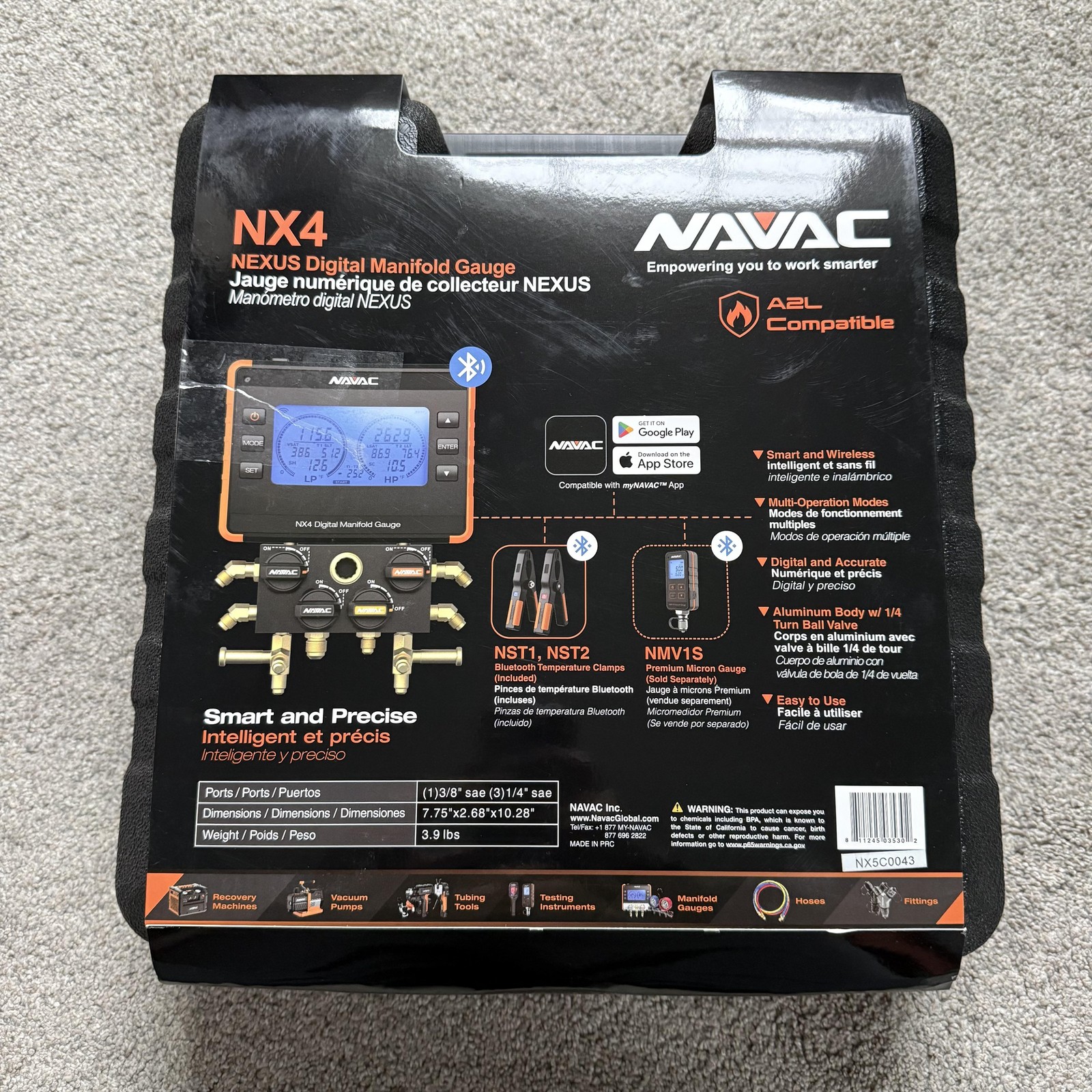NAVAC NX4 NEXUS Digital Manifold Gauge 4 Valve Bluetooth Clamp Probes Black HVAC
