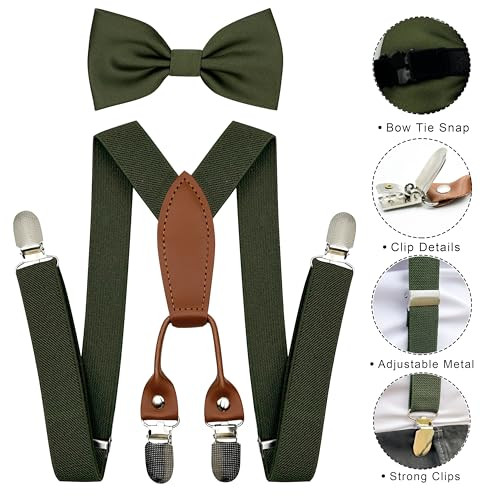 Adjustable Baby Boy Suspenders and Pre-tied 27.6" (1 Years-8 Years) Olive Green