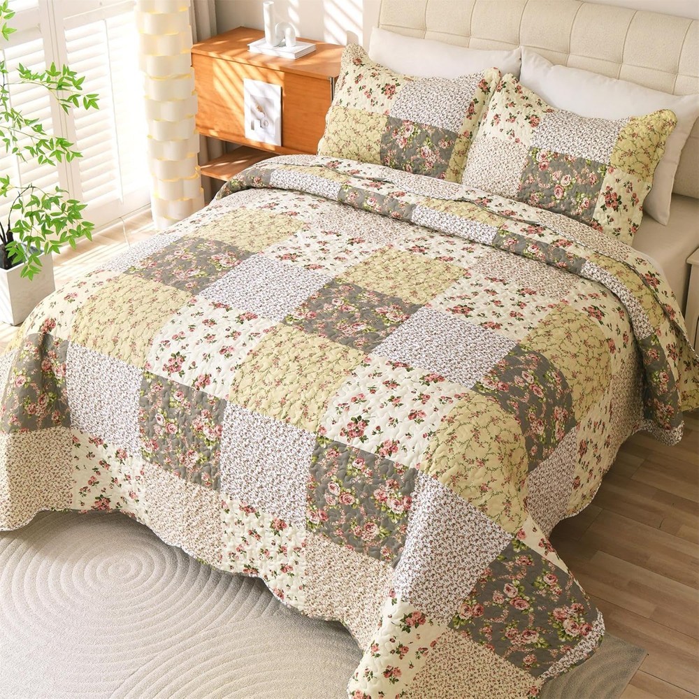 Romantic Patchwork Quilt Set King Size Reversible Bedspread Coverlet All Season