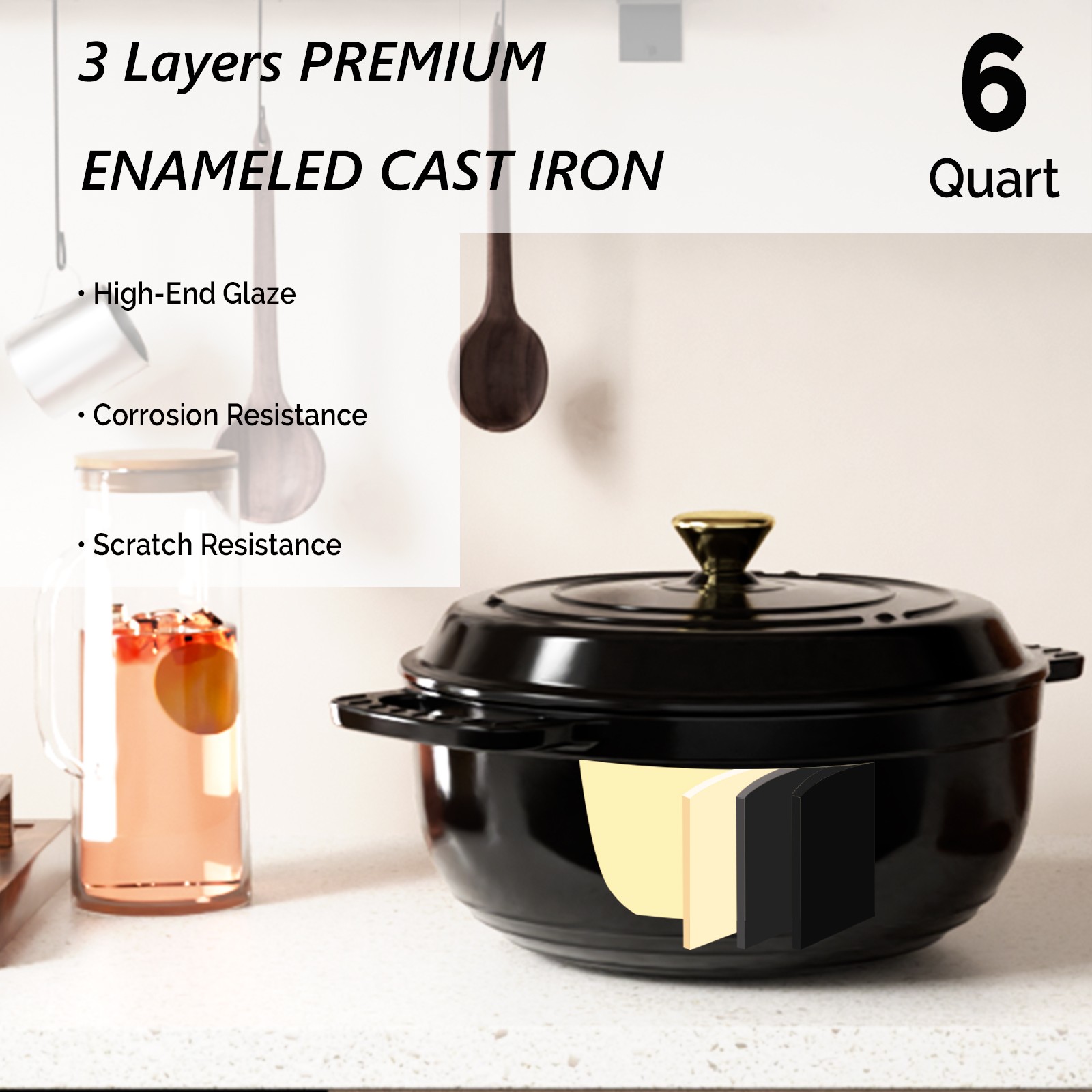 6QT Enameled Cast Iron Dutch Oven, Heavy Duty Dual Enamel Coating FDA Certified