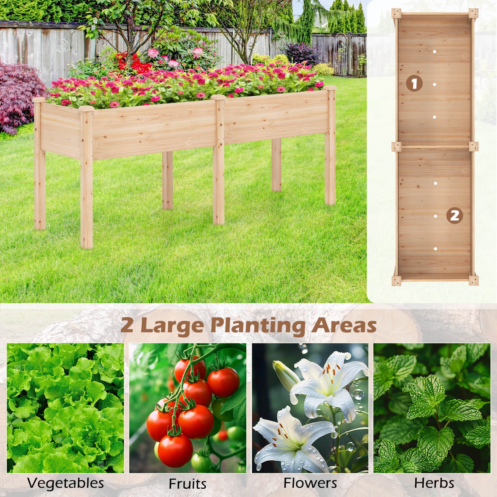 Raised Garden Bed Elevated Fir Wood Planter Box w/ 2 Large Planting Areas