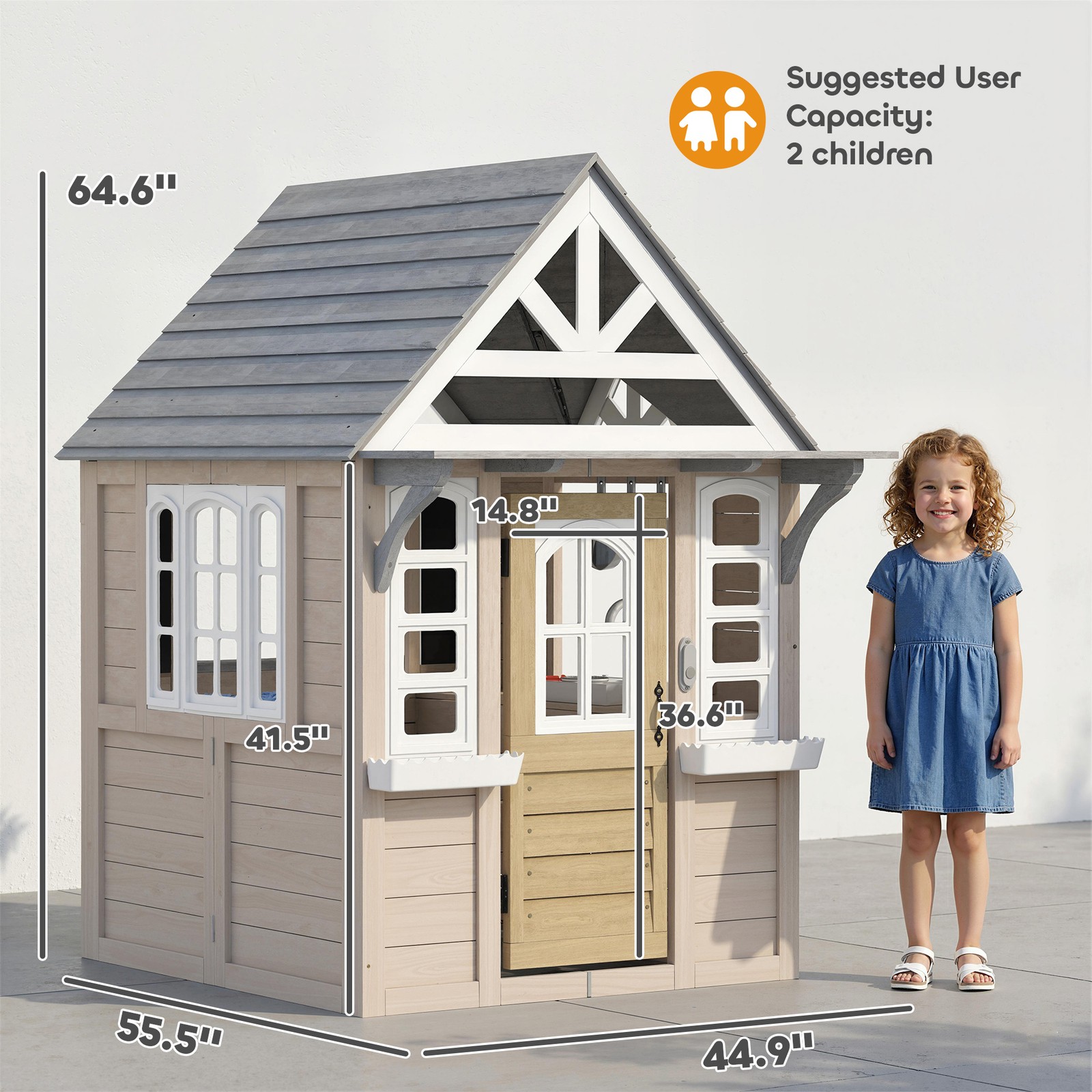 Qaba Outdoor Playhouse, Wooden Kids Playhouse with Dog Door, Cookware, Bell