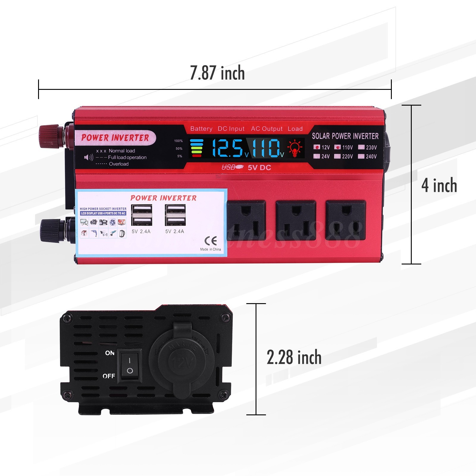 Pure Sine Wave Solar Converter 5000W Car Power Inverter DC 12V To AC 110V 4 USB