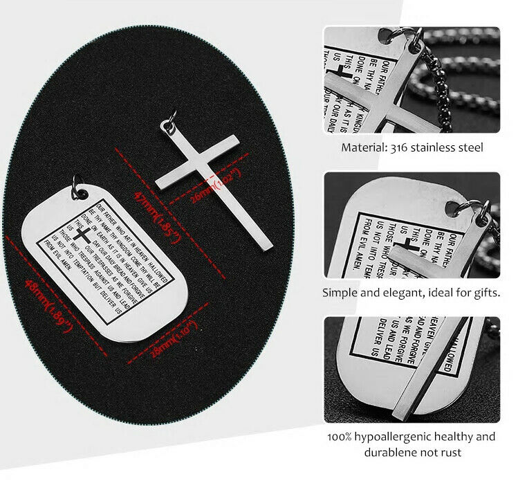 Lord's Prayer Military Dog Tag and Cross (Includes 24" Chain) - Silver