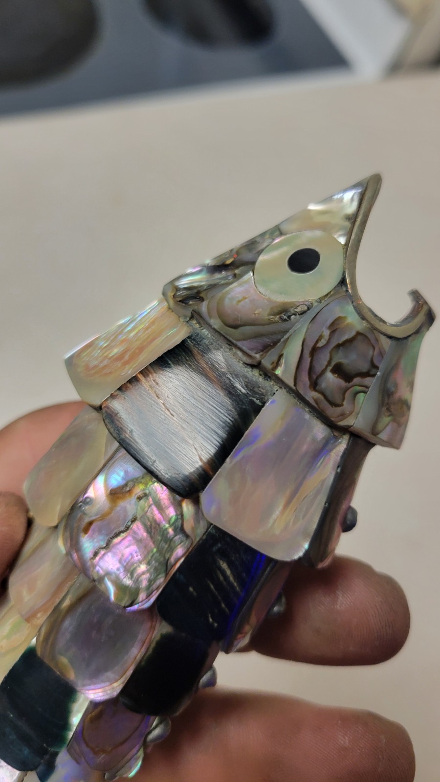 Vintage Mexican Articulated Fish Bottle Opener Abalone Shell Inlay 7 Inches