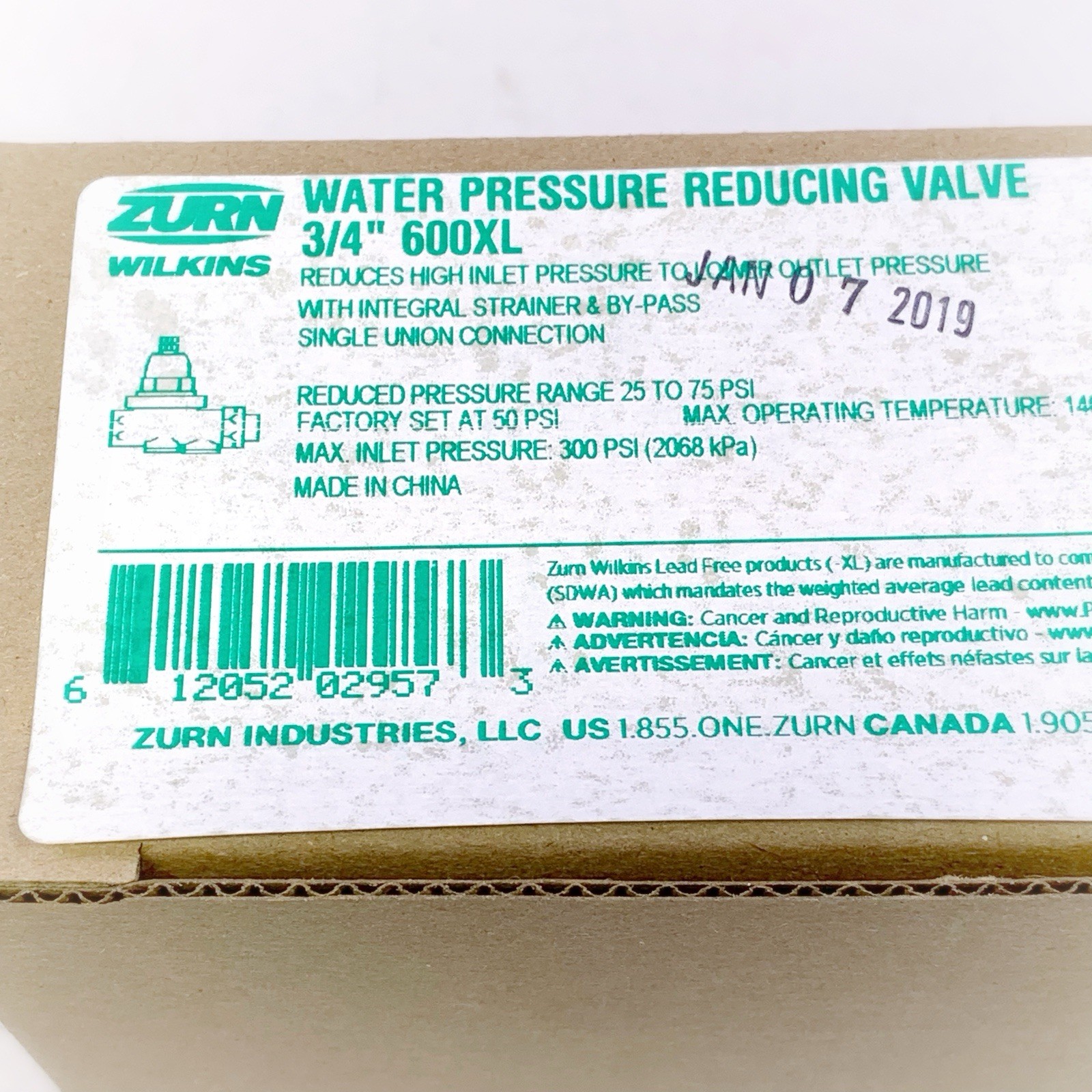 Zurn Wilkins 34-600XL 3/4" 600XLPressure Reducing Valve 0.75 Inch Lead Free NEW