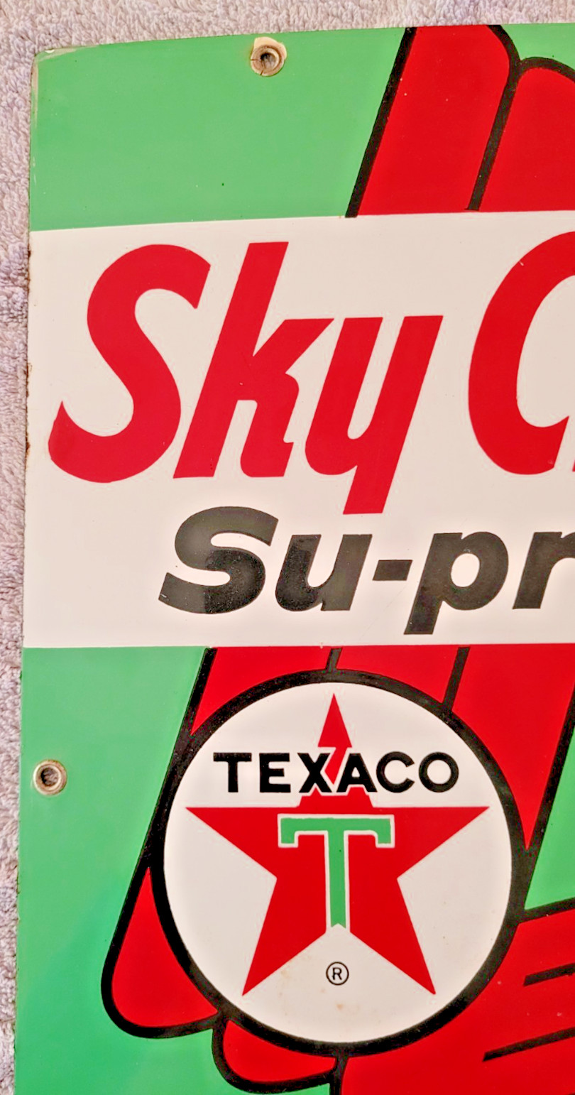 Original 1960 Sky Chief Su-preme Texaco Petrox Porcelain Sign 18" x 12"