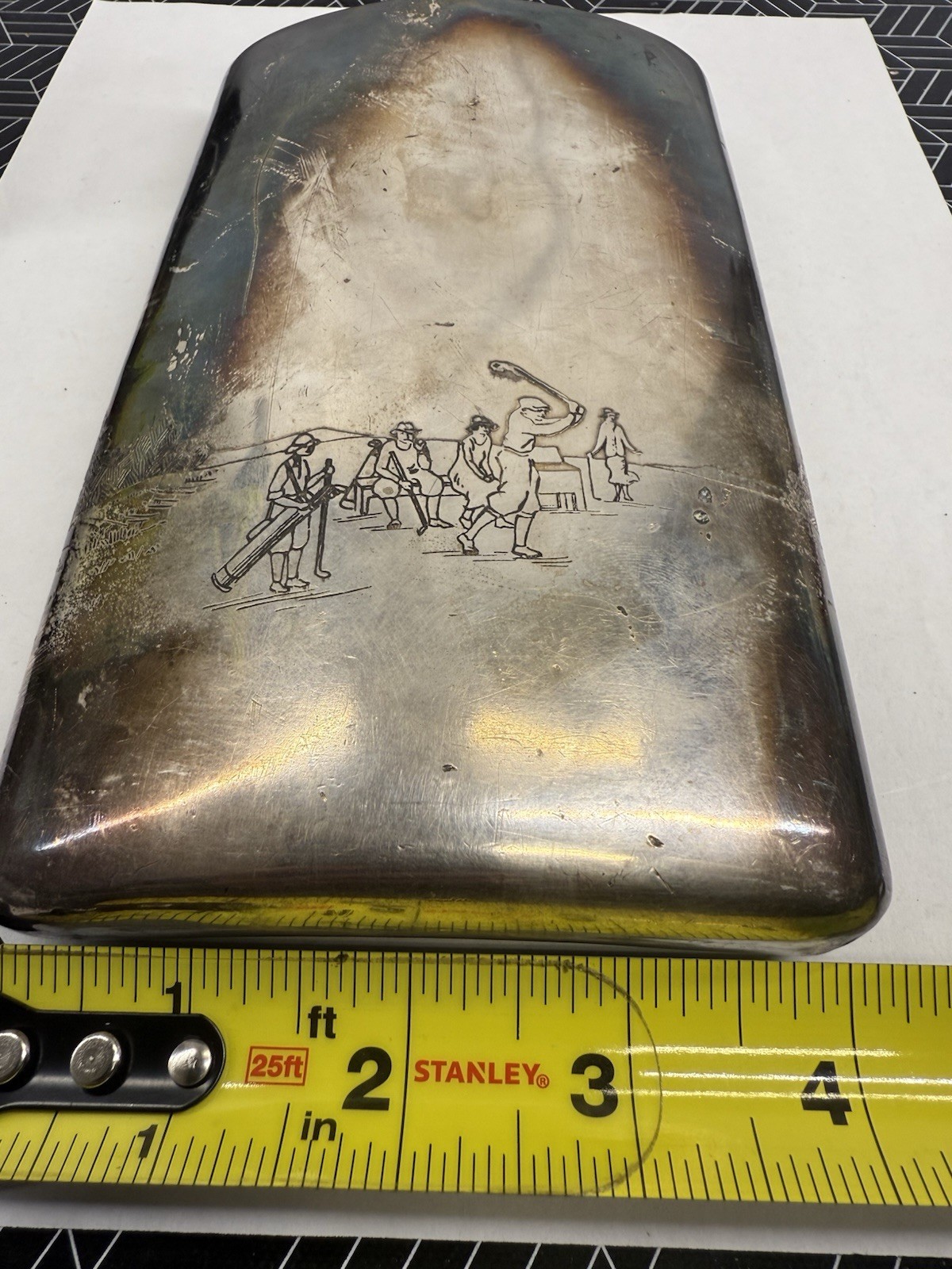 Dented / Damaged MERIDEN B SILVER PLATE Whiskey Flask - Golf Monogram