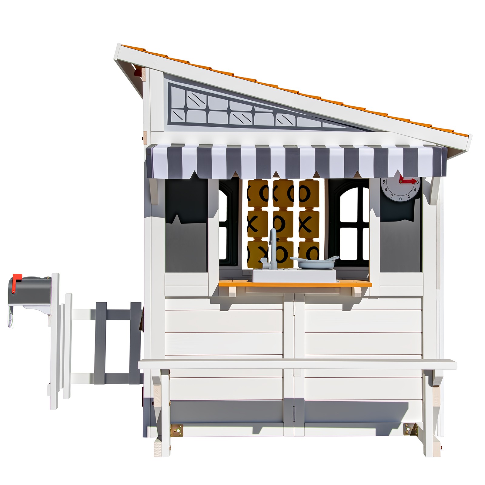 Kids Wooden Playhouse Outdoor Cottage Play Kitchen,Bench,Blackboard,Tic-Tac-Toe