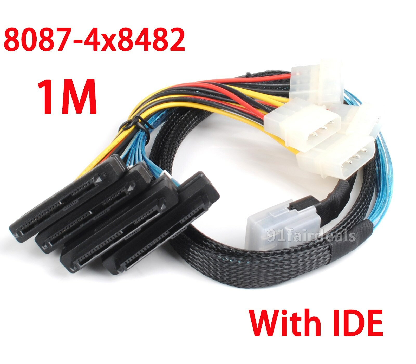 Mini SAS 36 Pin SFF-8087 to 4x SAS/SFF-8482 MINI 4 pin 1 Power HDD Cable 3FT 1M
