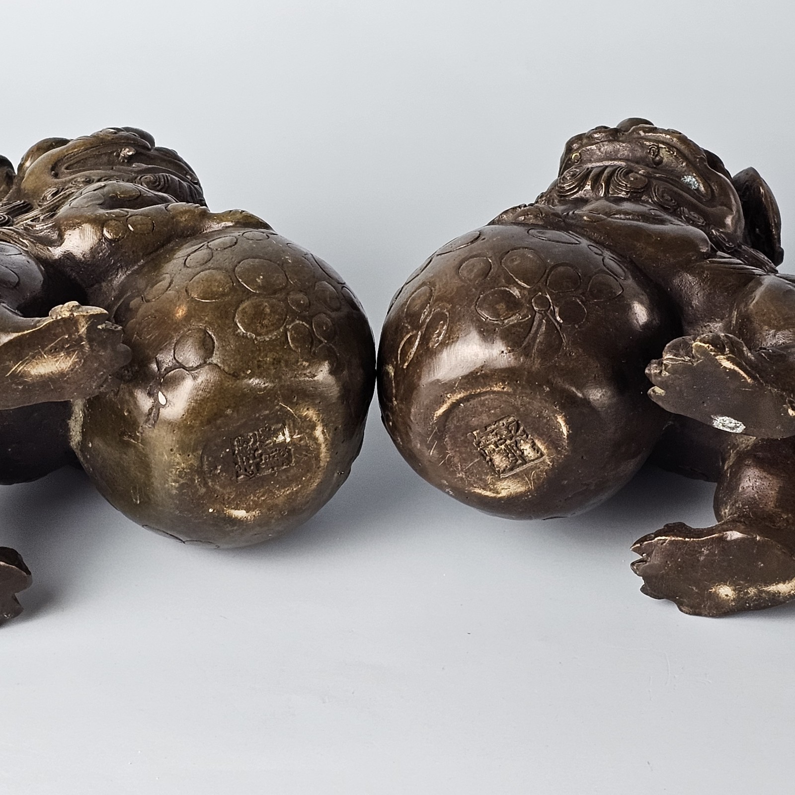 Vintage Asian Mythical Fu Foo Dog Guardian Lions Bronze Sculpture Marked