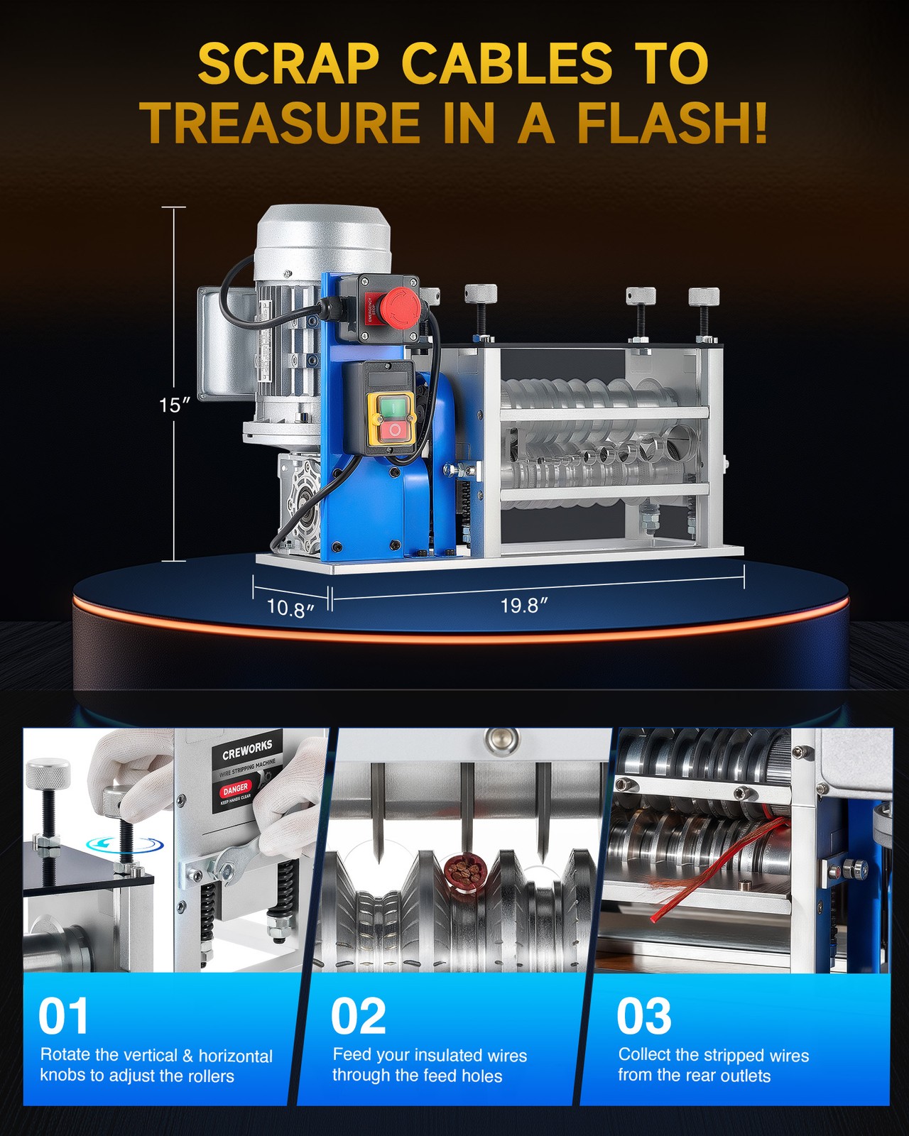 CREWORKS Wire Stripping Machine Copper Cable Peeling Stripper Metal Recycle Tool