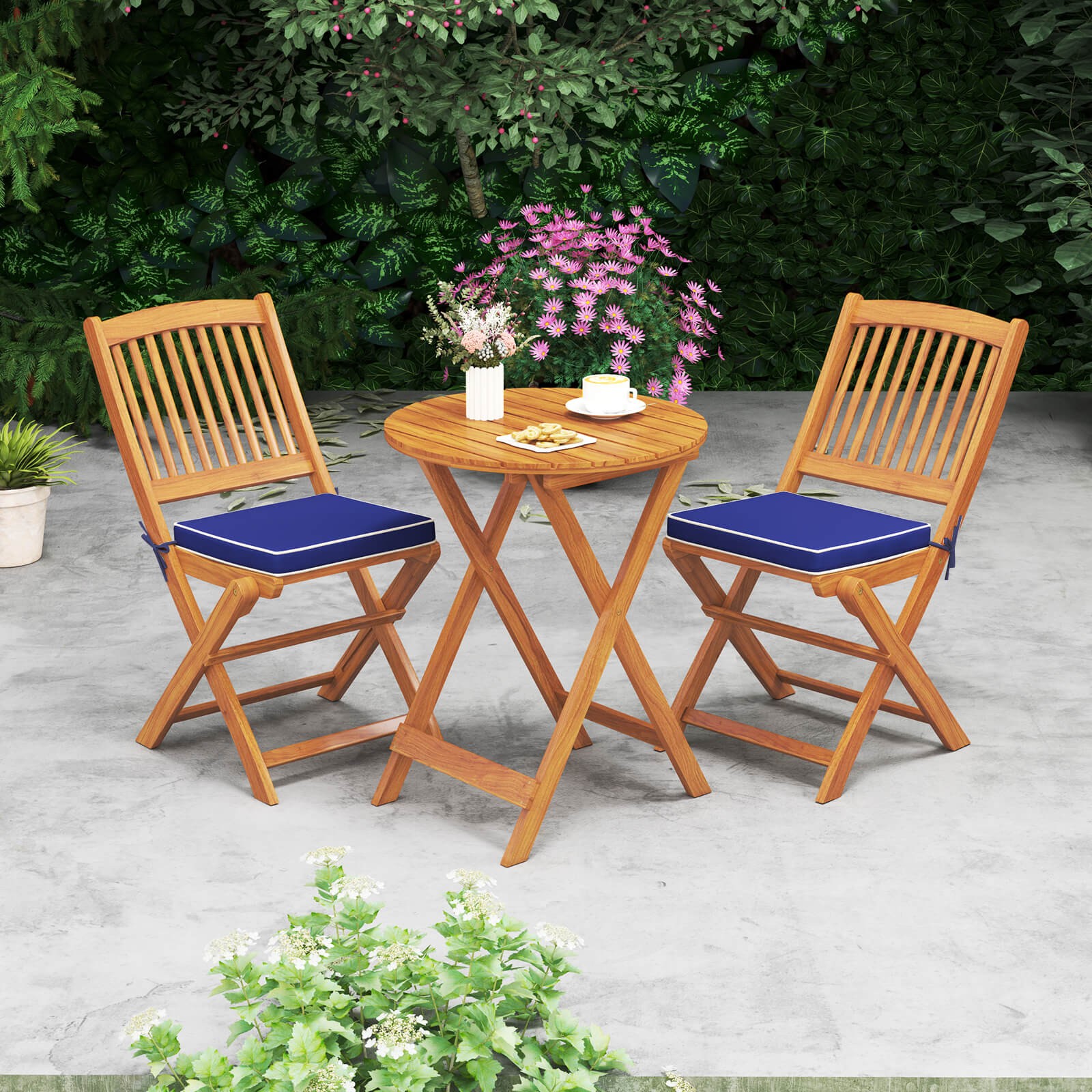 3 Pieces Acacia Wood Patio Bistro Set Folding Table & Chairs Set w/ Cushions