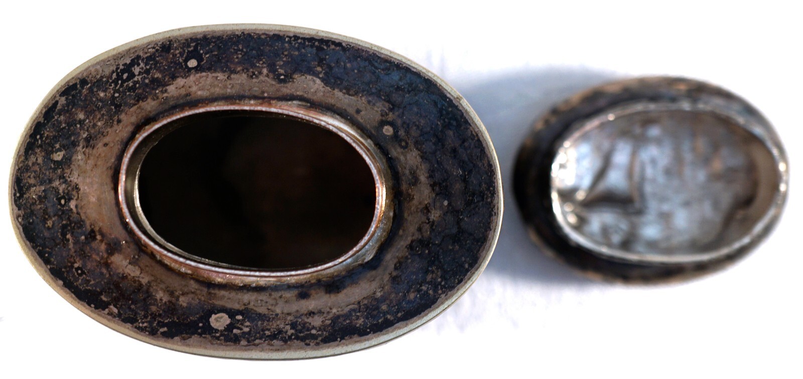 Silver Over Copper Repousse Lidded Jar Scenery of People - Sailboat on Lid