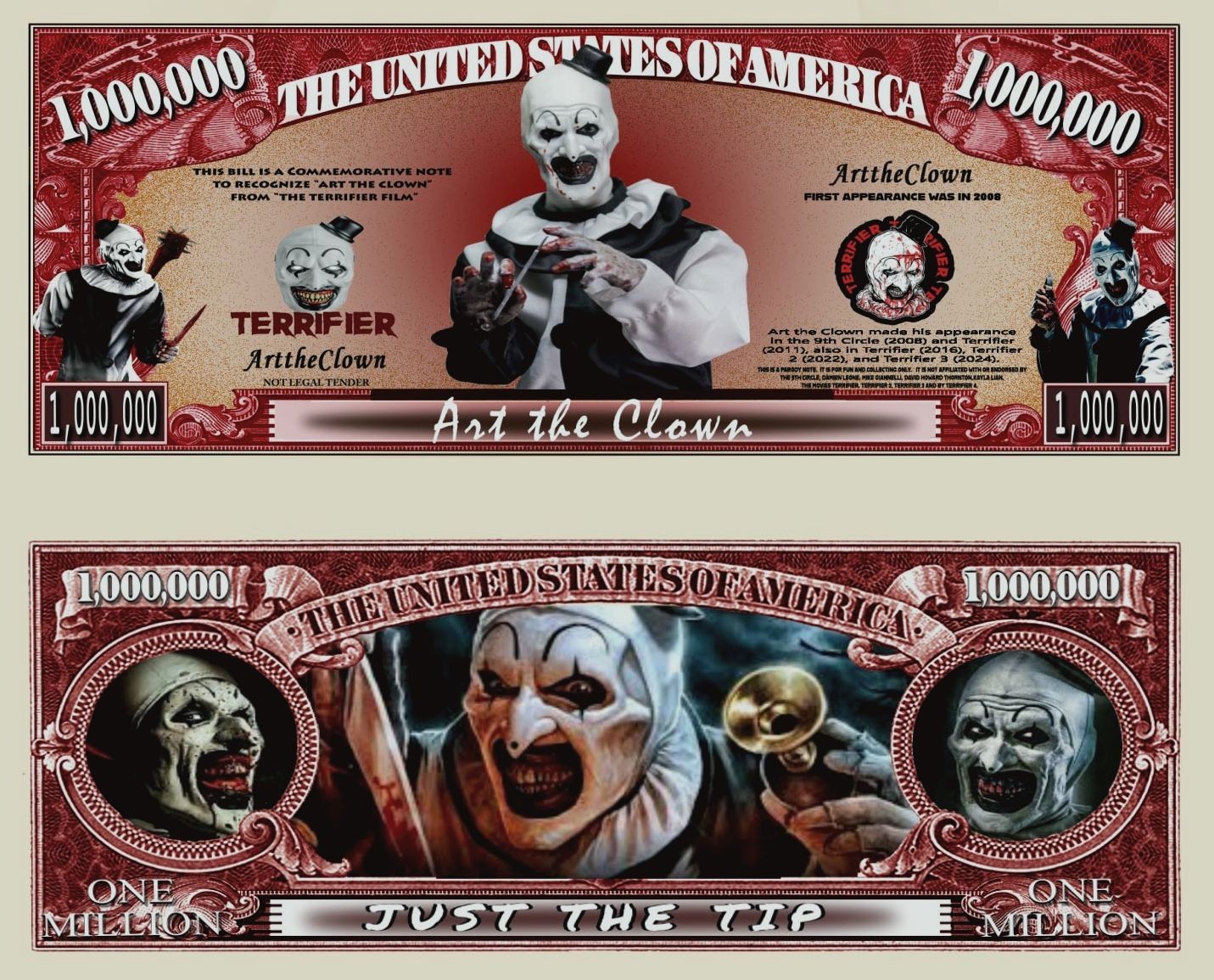 Art the Clown Million Dollar Bill Play Funny Money Novelty Note + Free Sleeve