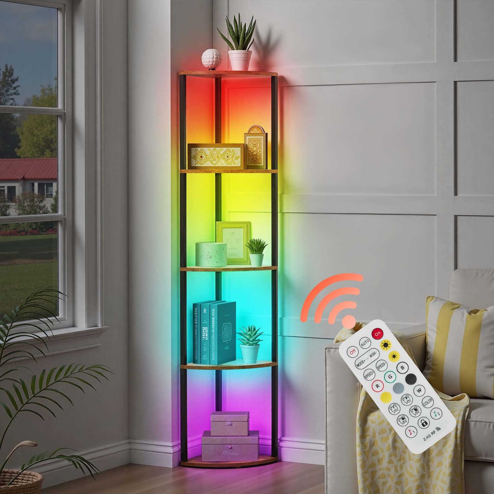Uimoso 5 Tier Corner Shelf Tall Corner Stand with LED Light Narrow Display Rack