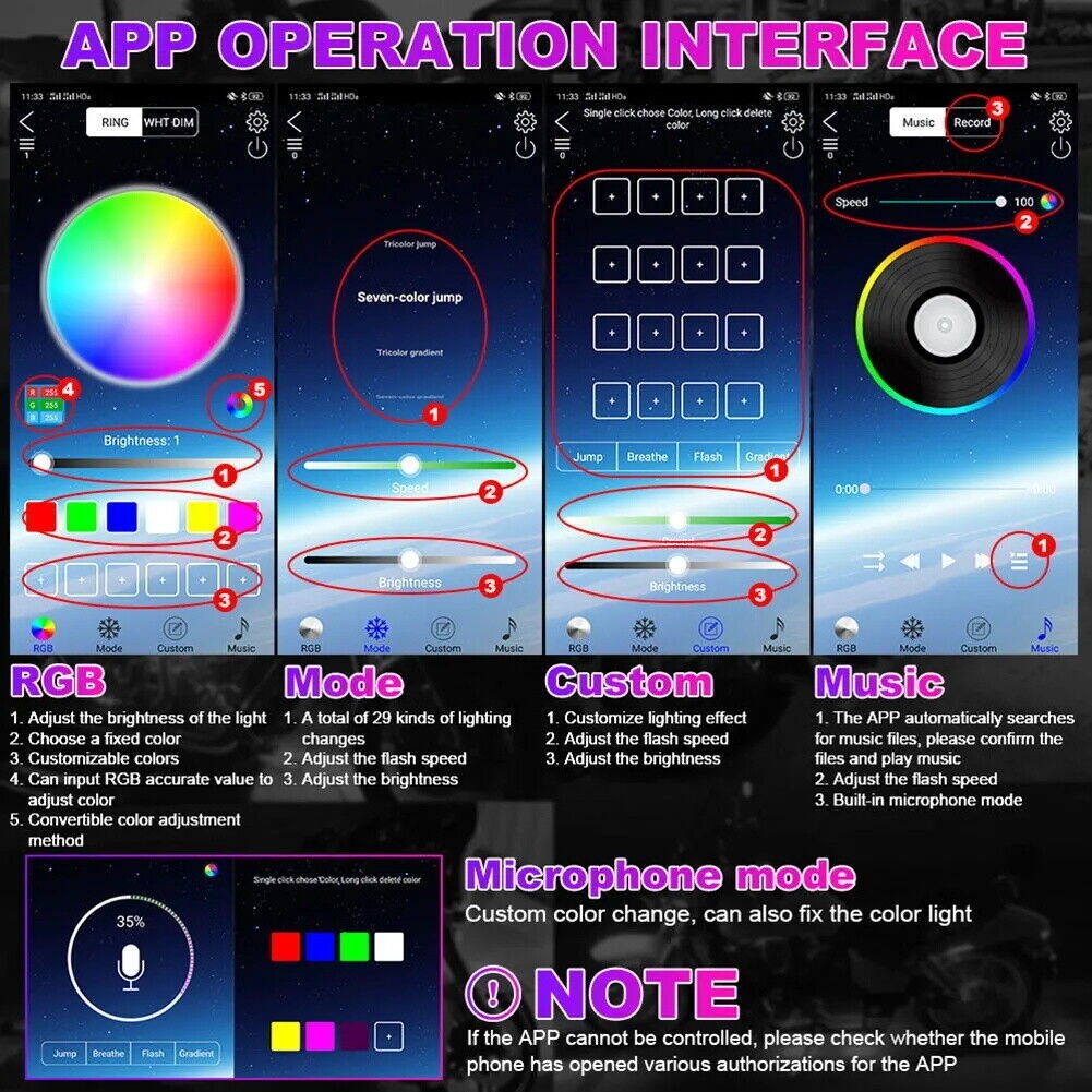 12PC RGB Bluetooth Motorcycle LED Light Under Glow Neon Strip Remote Control Kit