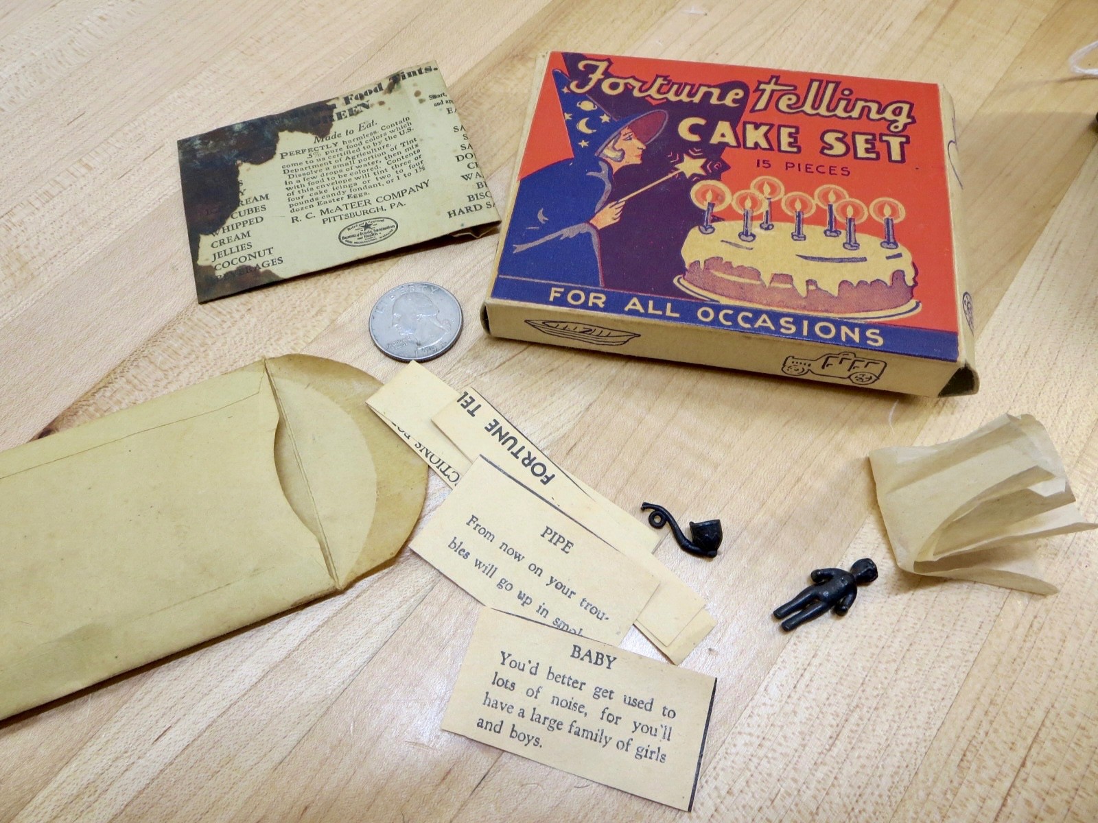 Vintage Fortune Telling Birthday Cake Set MINT BOX! w/ 2 Charms