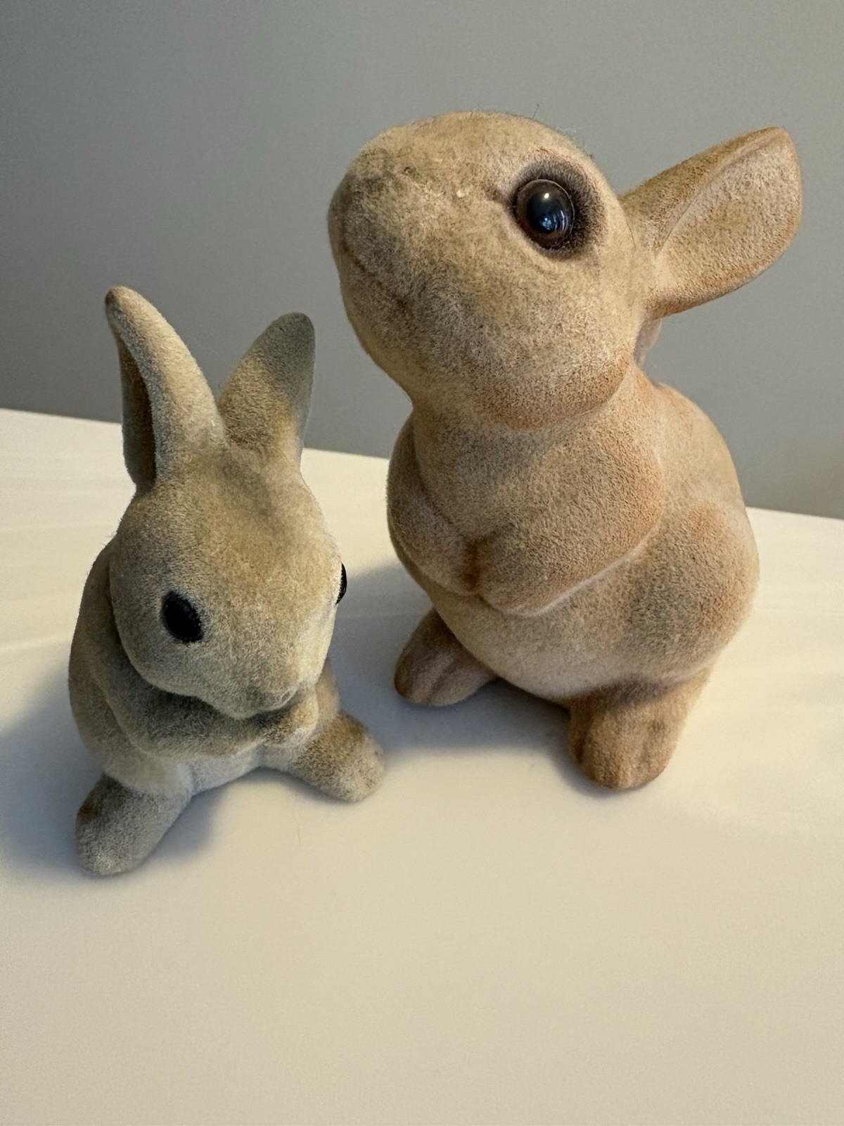2 Vtg Sm Brown Flocked Fuzzy Bunny Rabbits Hard Figures Easter Read