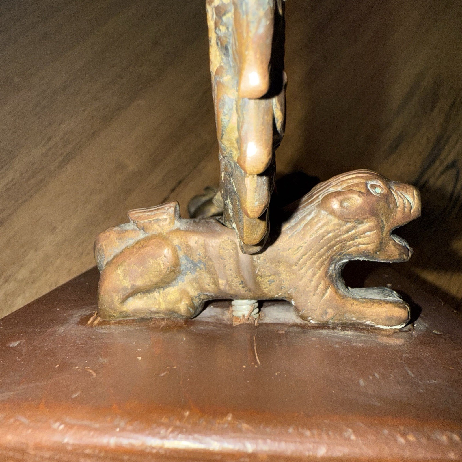 Vtg Chinese Metal Dragon Incense Burner Stand Wood Base Ornate Mythical Motif