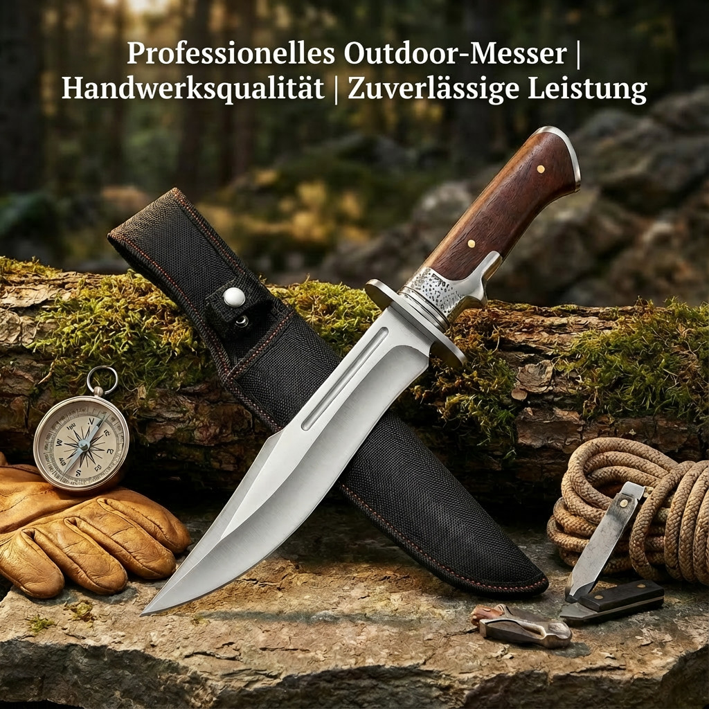 Outdoor Bowie Fixed Blade Knife with Wood Handle and Sheath