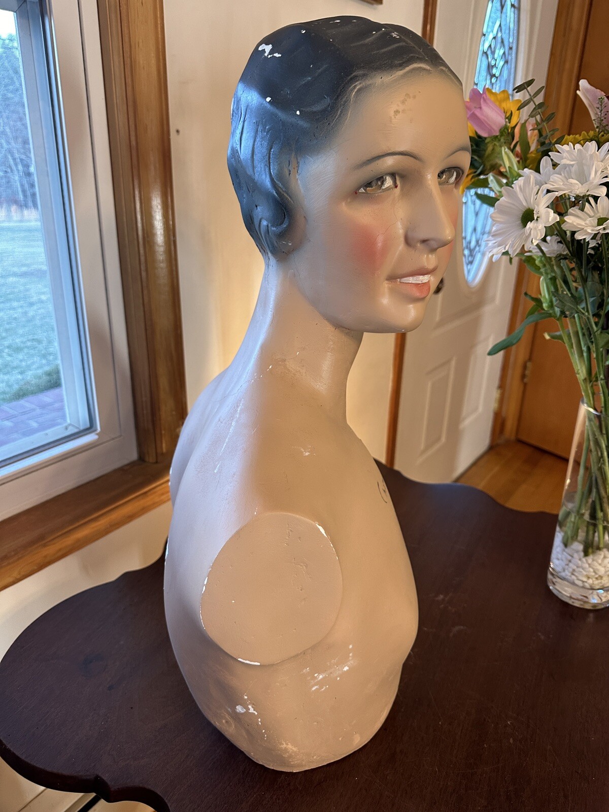Vintage French Paris Lady Woman Hat Bust Head Champs Elysees Mannequin Plaster