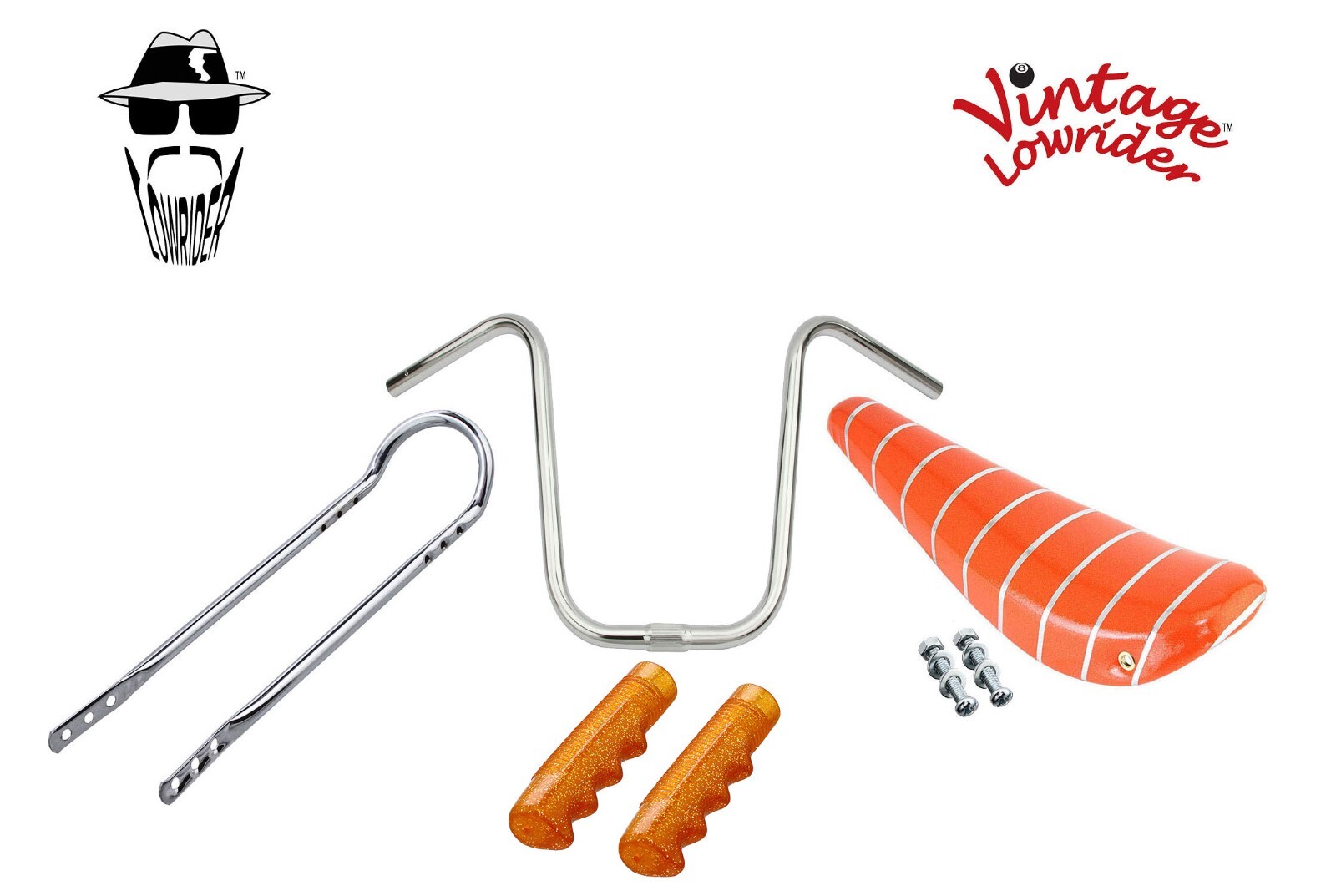 16" VINTAGE LOWRIDER ORANGE/SILVER BANANA SEAT W/ GRIPS, SISSYBAR & HANDLEBAR.