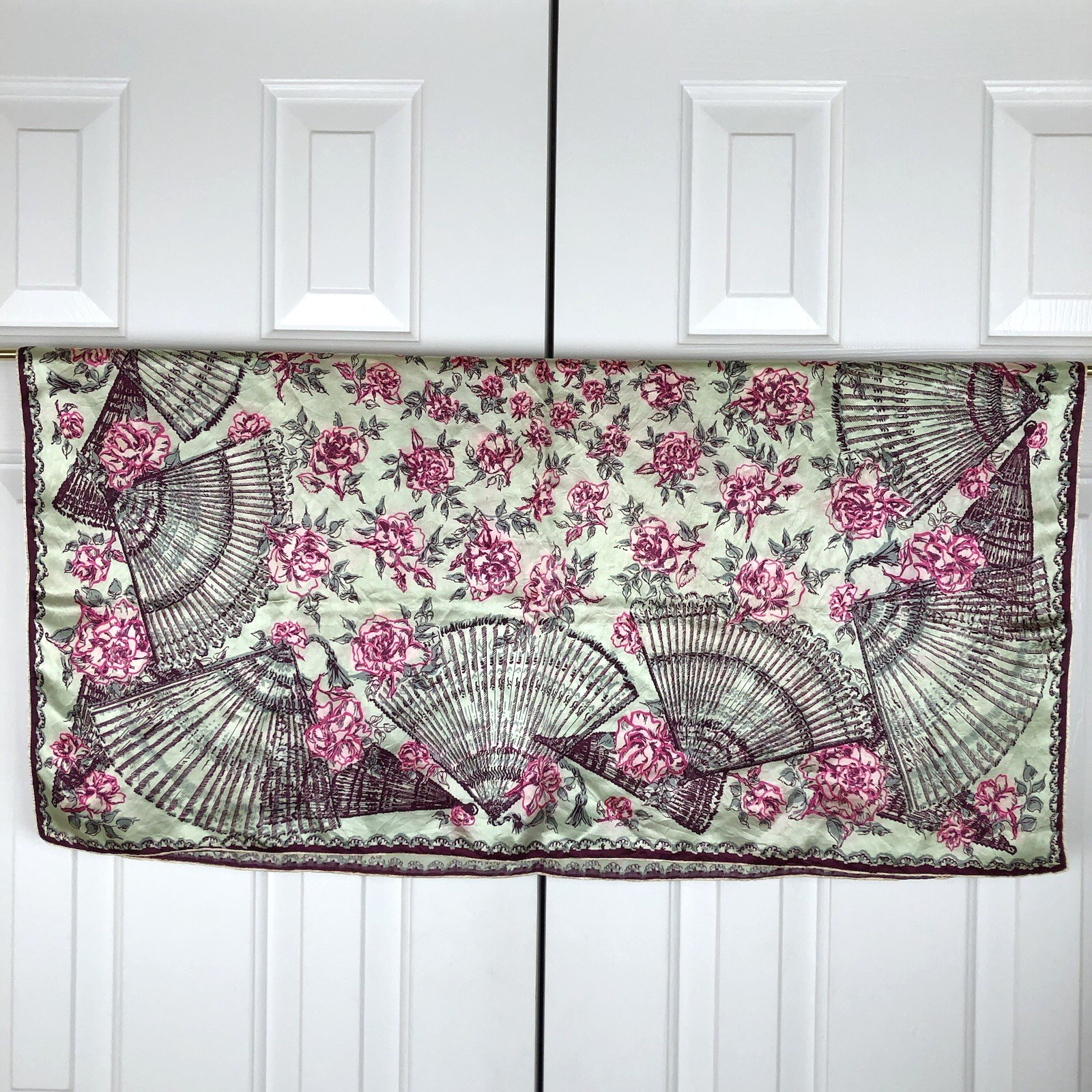 Vintage Silk Scarf Fans Flowers Satin Hand Rolled Green Pink Roses Square 33"