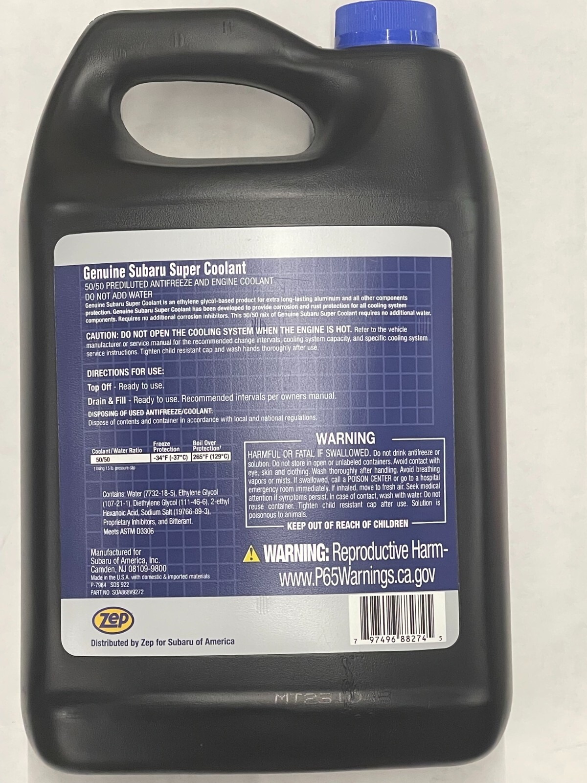 Genuine OEM Subaru Super Coolant Prediluted SOA868V9272 1 Gallon Pre Mixed