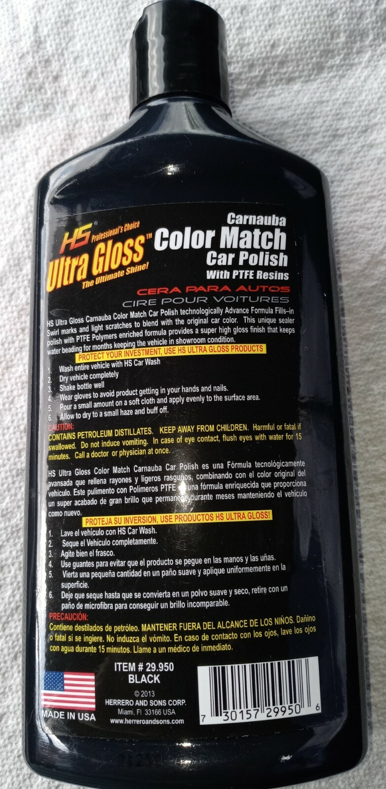 Black Car Color Wax Scratch Remover Carnauba Polish motorcycle Boat RV 10oz HS