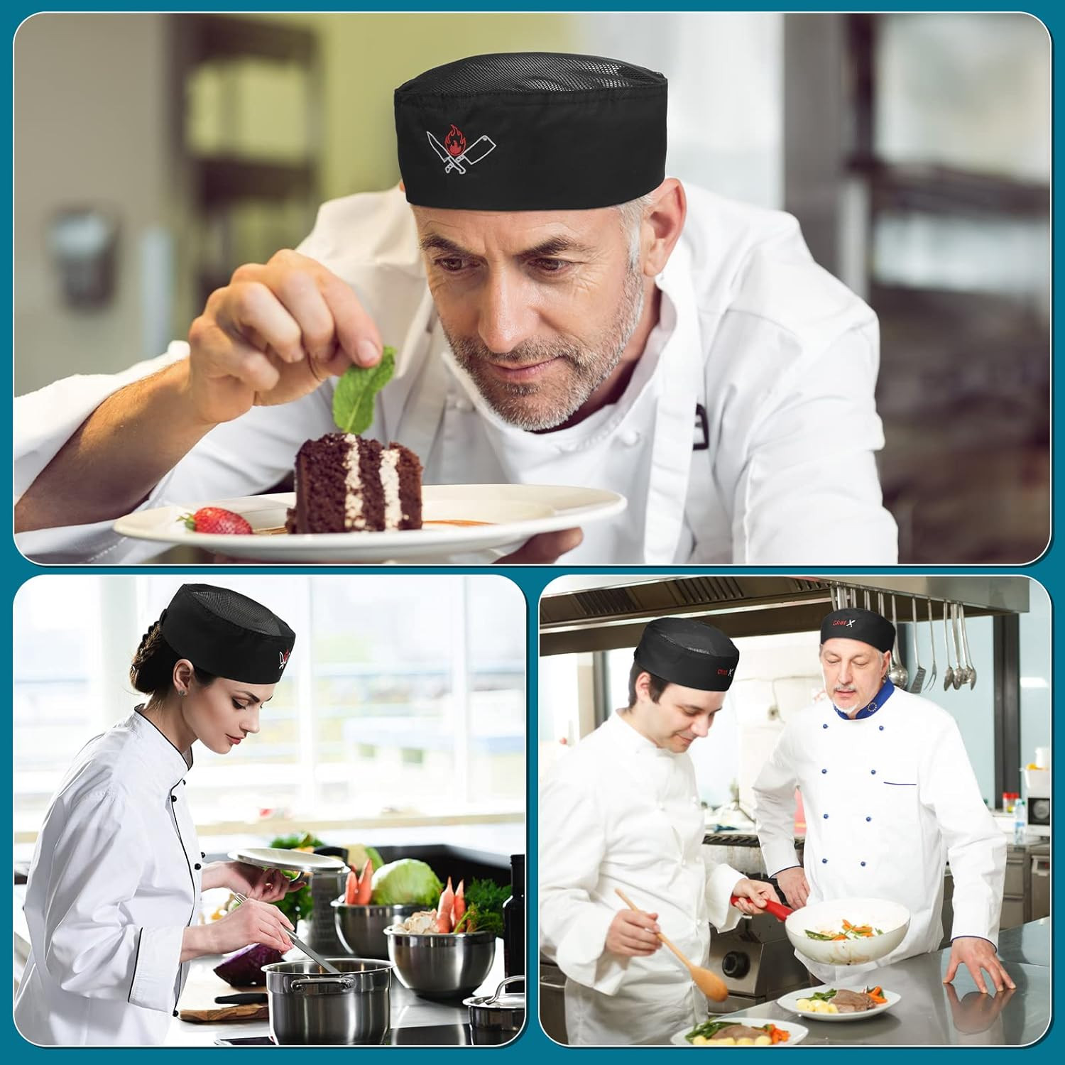 6-Pack Unisex Chef Hats Adult Black Elastic Baker Skull Caps