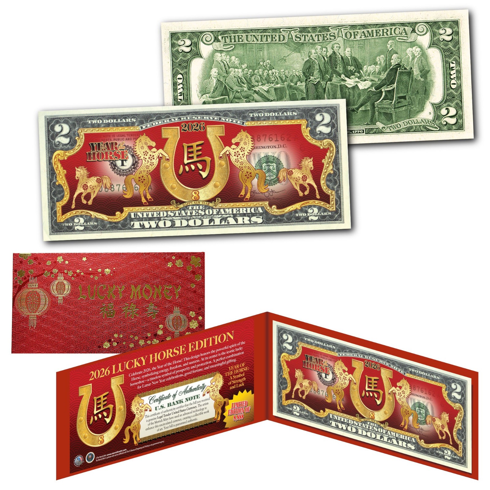 2026 Chinese New Year LUCKY HORSE EDITION Year of HORSE $2 Bill Envelope & Folio