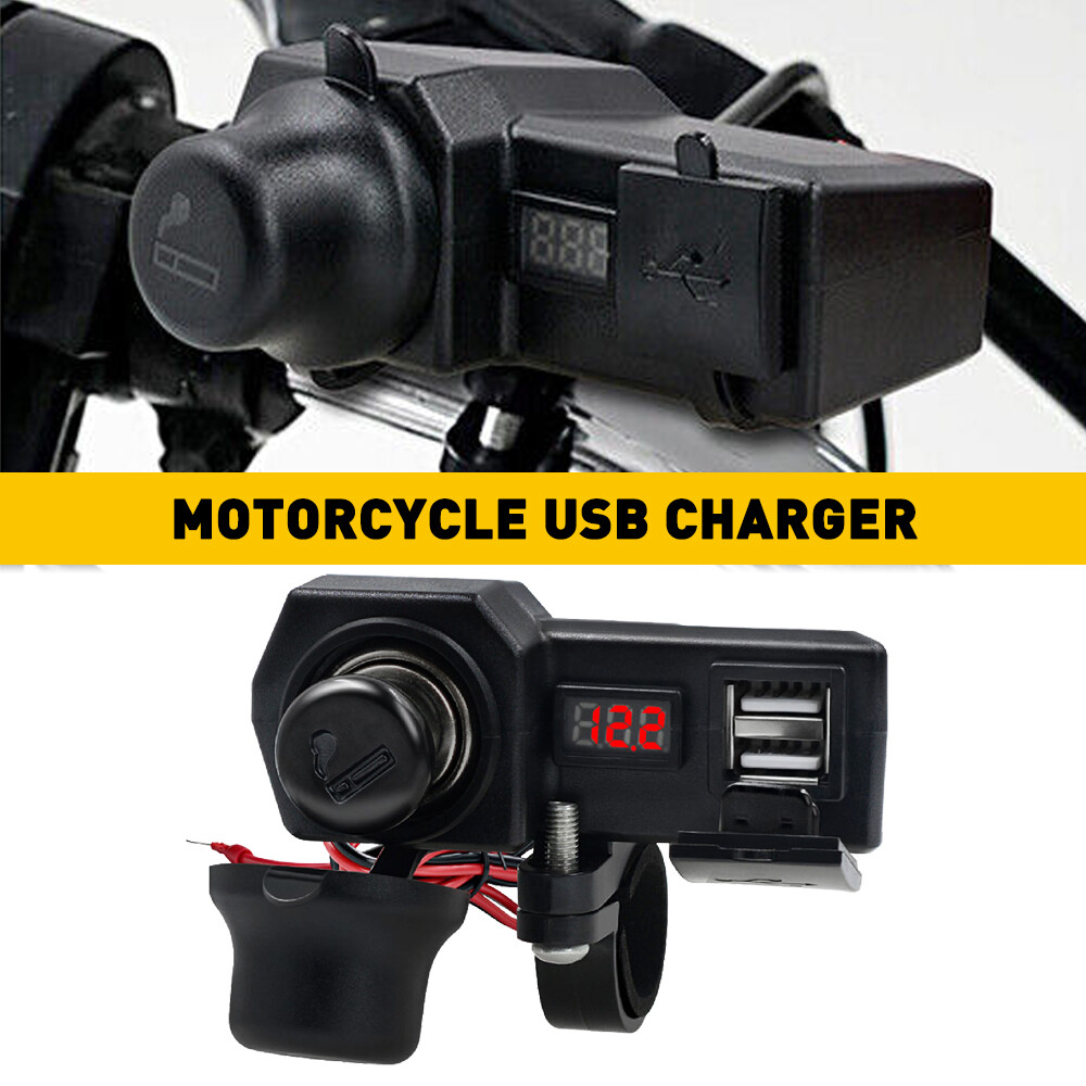 Motorcycle Handlebar Cigarette Lighter Socket Dual Charger USB W/ LED Voltmeter