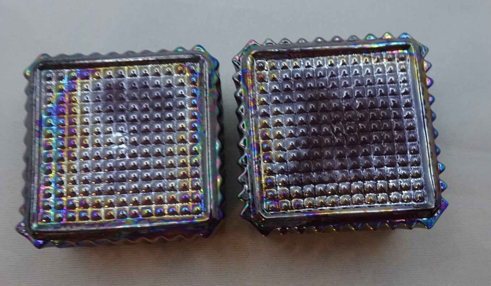 (2) E.E. Ed Bowman Wetzel Glass Fluted Square Open Salt Dip Purple Iridescent