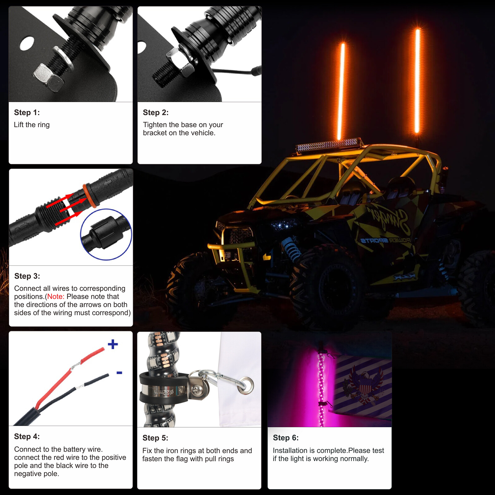 Pair 4ft RGB Spiral LED Whip Lights Antenna Chase + US Flag & Remote for ATV UTV