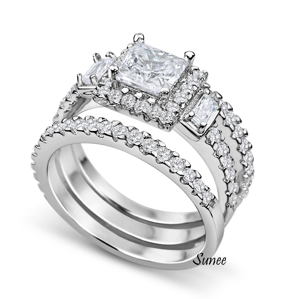 Halo Simulated Princess Cut 925 Wedding Rings Engagement Rings Set Simulated