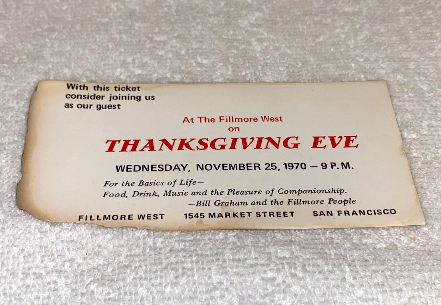 BILL GRAHAM 1970 CONCERT TICKET FILLMORE USA GRATEFUL DEAD Allman Brothers Band