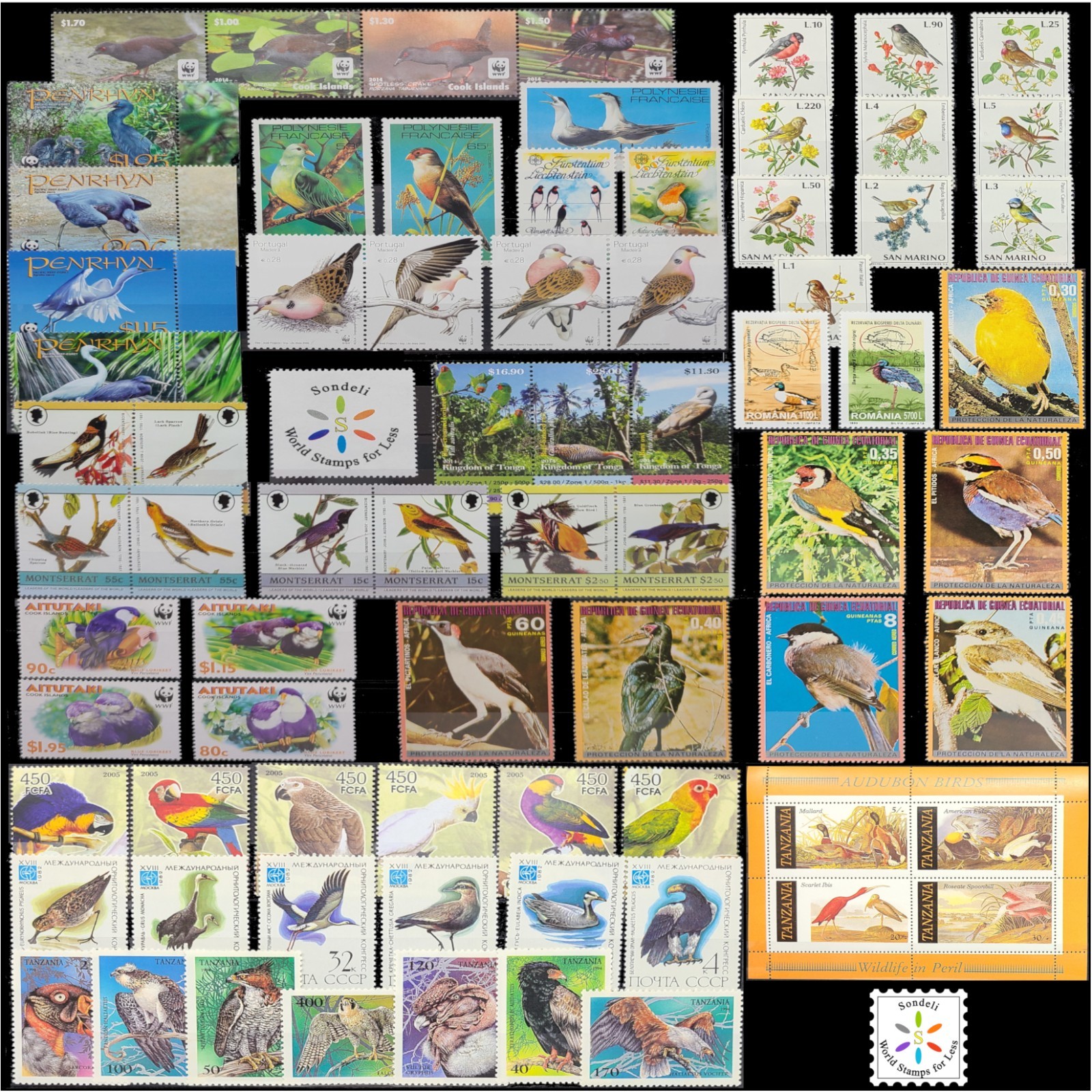 Worldwide Birds Stamp Collection Mint - 15 Full Sets from 15 Different Countries