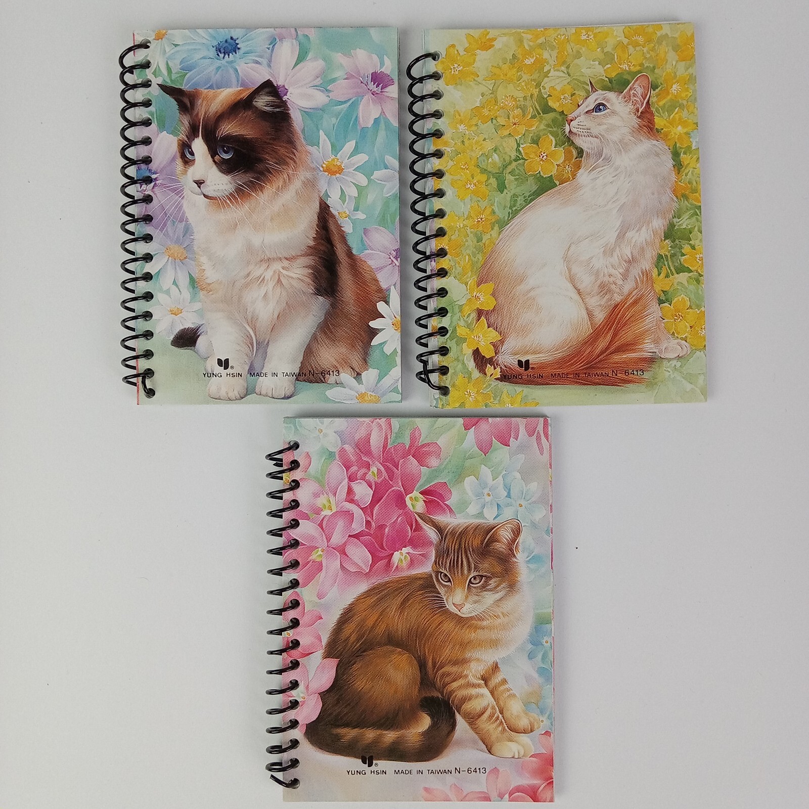 3 Vtg Cat Mini Notebooks Kitty Flowers Lined Pages Spiral 90s y2k Yung Hsin