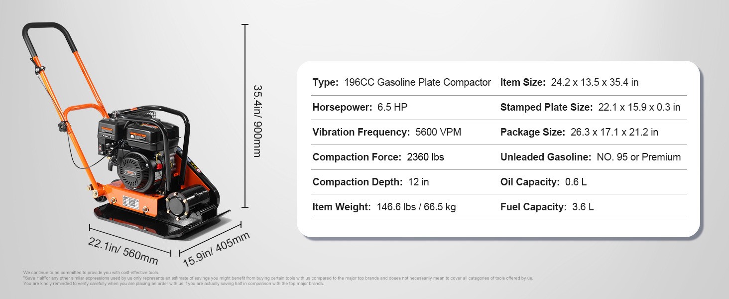 Plate Compactor 2.8/6.5 HP Force Vibratory Compaction Tamper for Walkways,Patios