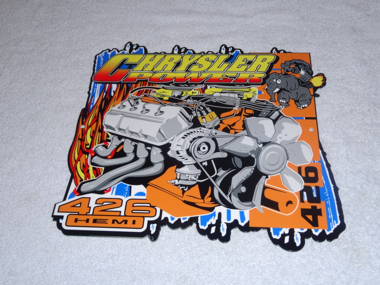 VINTAGE "CHRYSLER POWER 426 HEMI MOTOR ELEPHANT" 11 3/4" METAL GASOLINE OIL SIGN