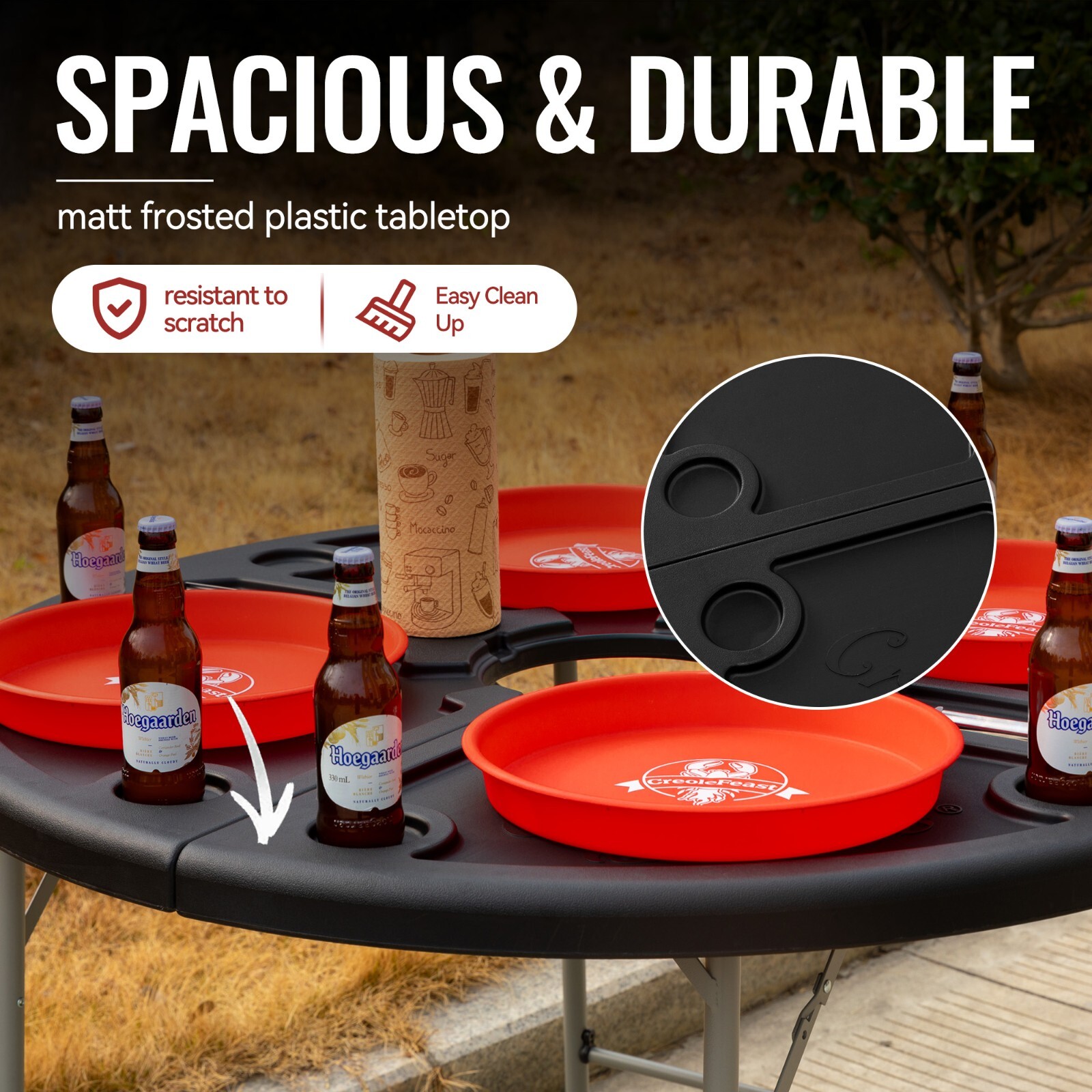 Creole Feast Foldable 47-inch Round Crawfish Table, Portable Table, Black