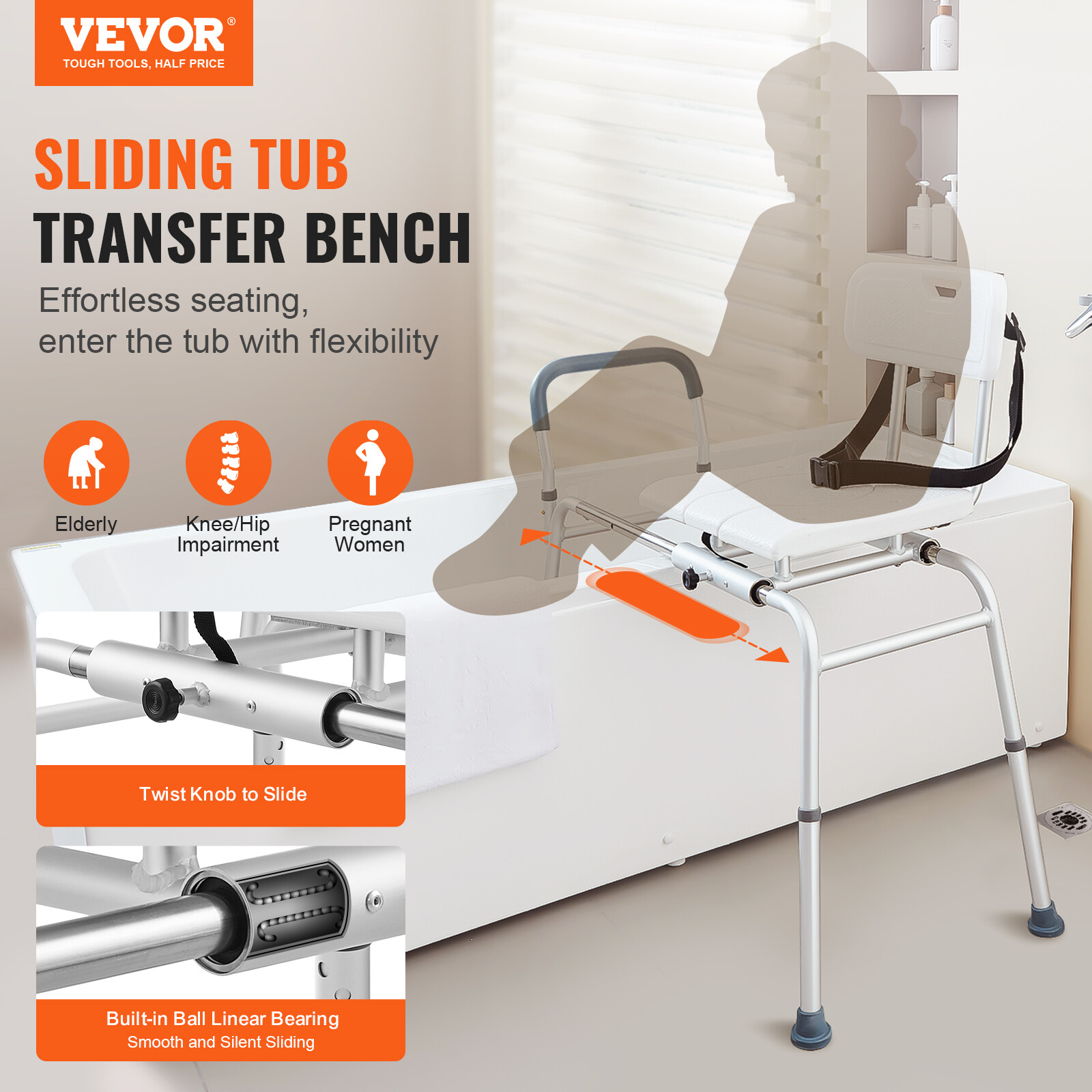 VEVOR Sliding Tub Transfer Bench Shower Chair with Cut-Out Seat