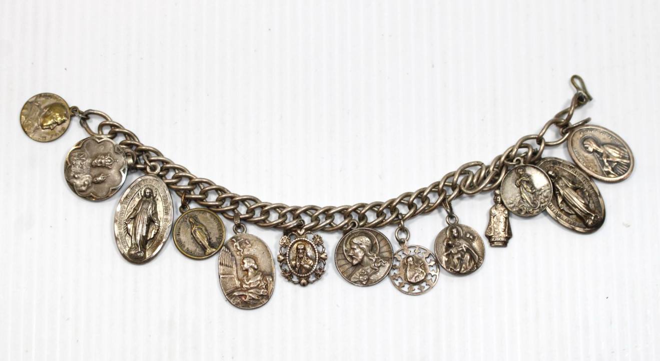 Vintage Sterling Silver Saint Charm Bracelet featuring 13 Medals 60g #450