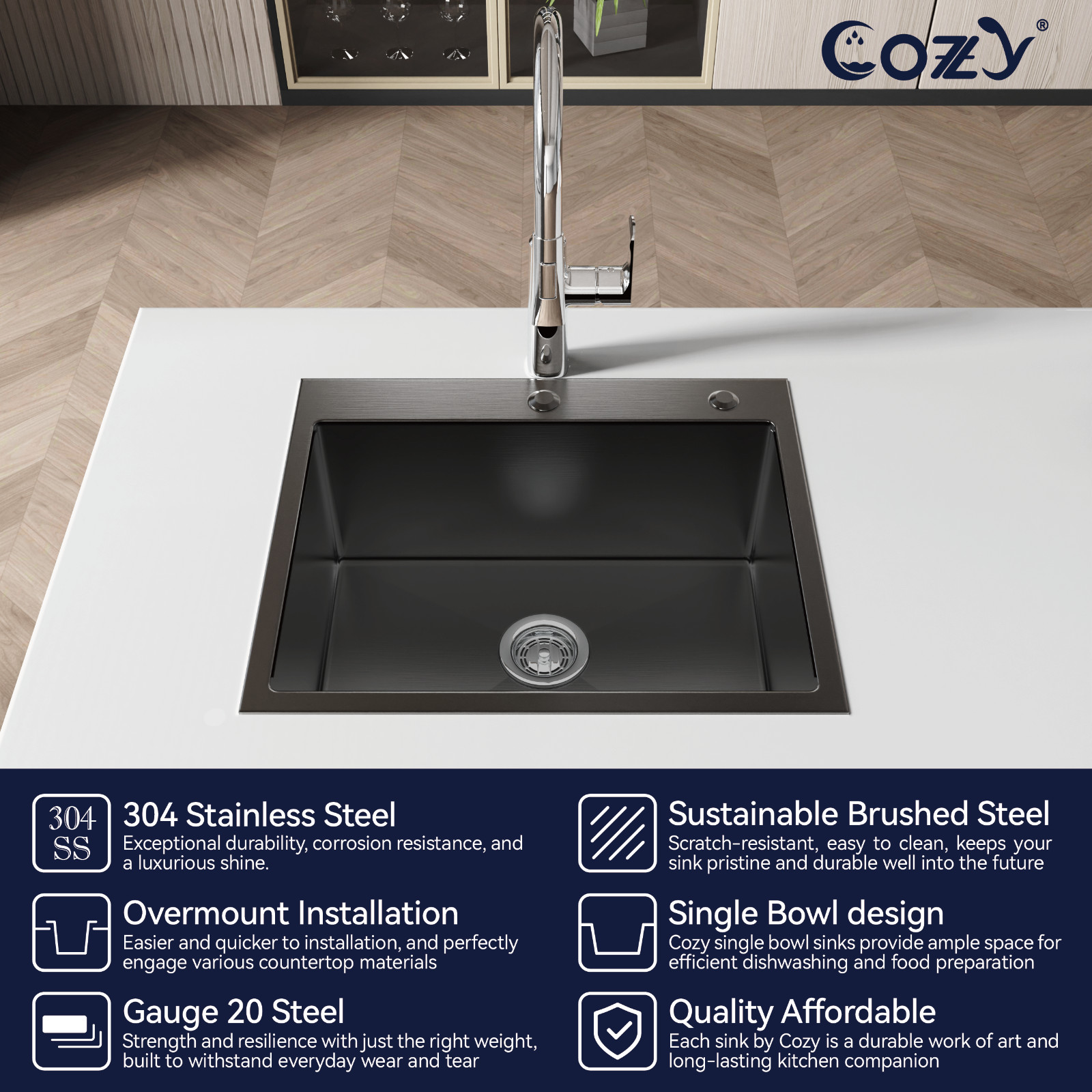 COZY Stainless Steel Kitchen Sink, 23" Single Bowl in Matte Black