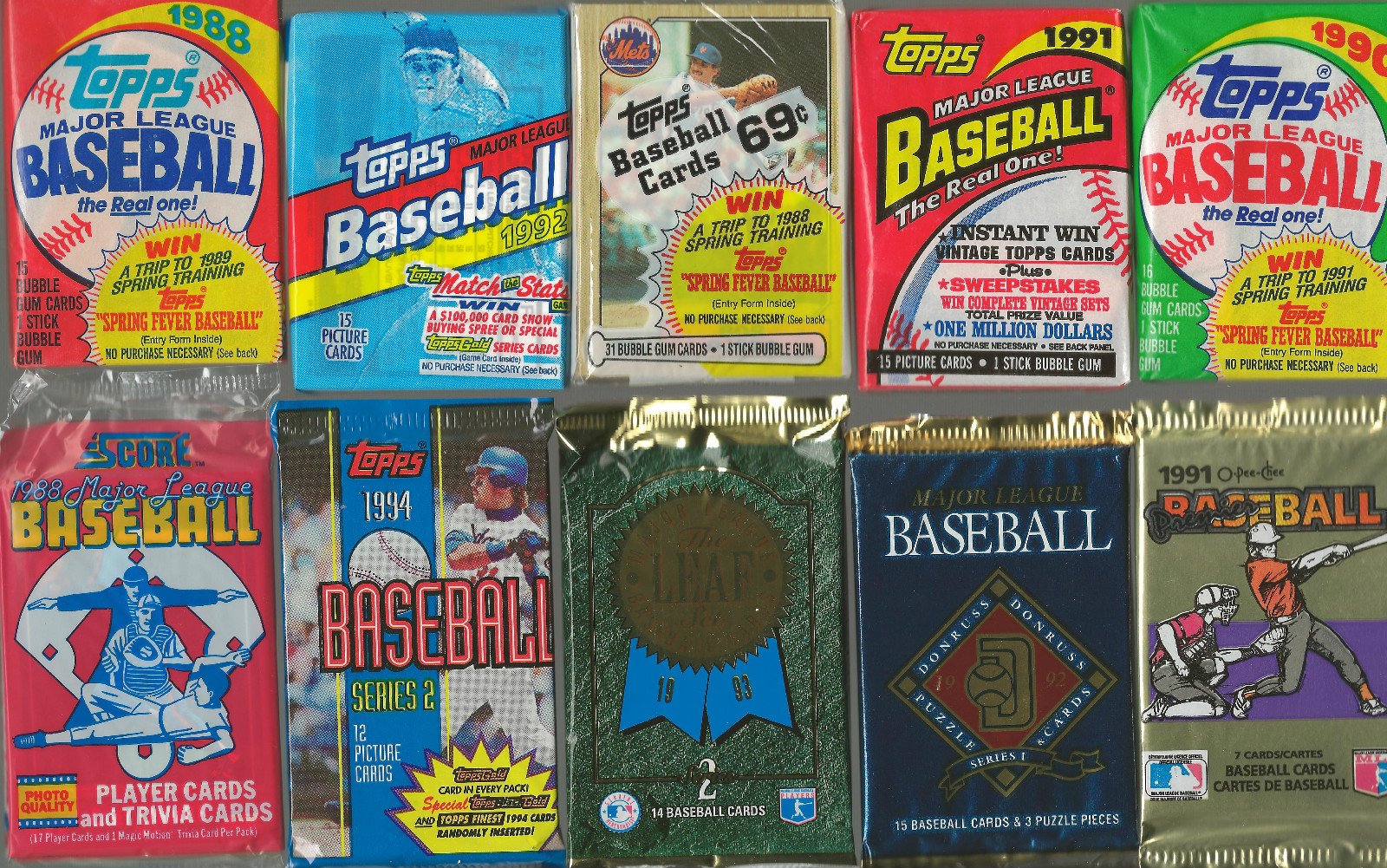 HUGE Lot of 100 Unopened Old Vintage Baseball Cards in Wax Cello Rack Packs