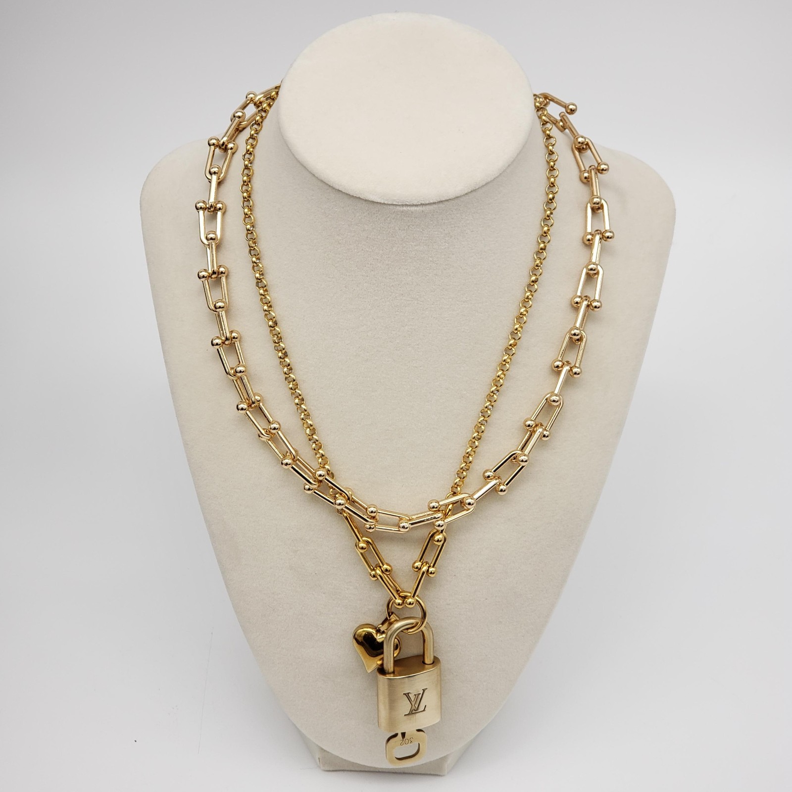 Authentic Louis Vuitton Gold Padlock w/ Unbranded Fashion Stainless Steel Chain