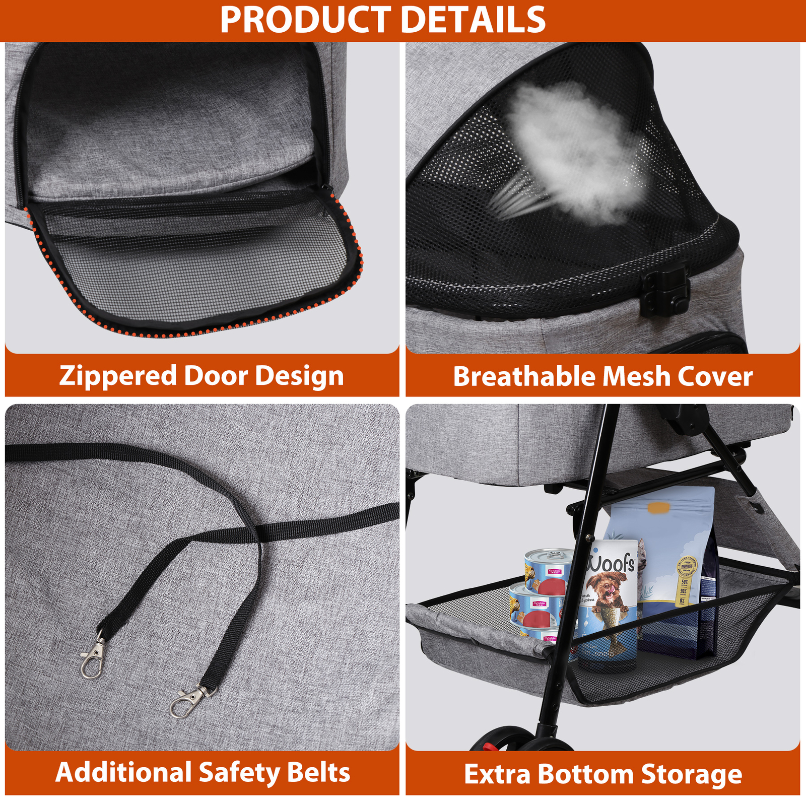 Pet Stroller Foldable Dog Cat Jogger Stroller w/4 Wheel & Detachable Basket Gray